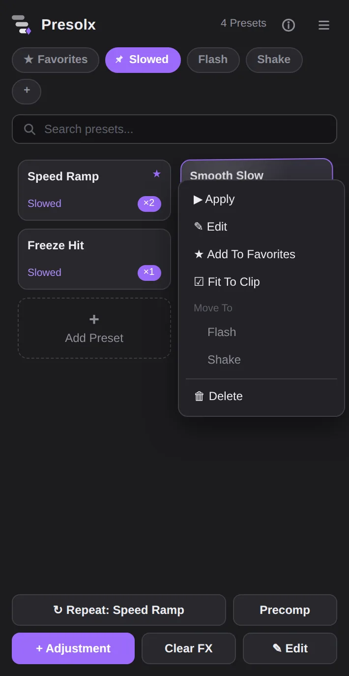 Right-click menu on a preset card