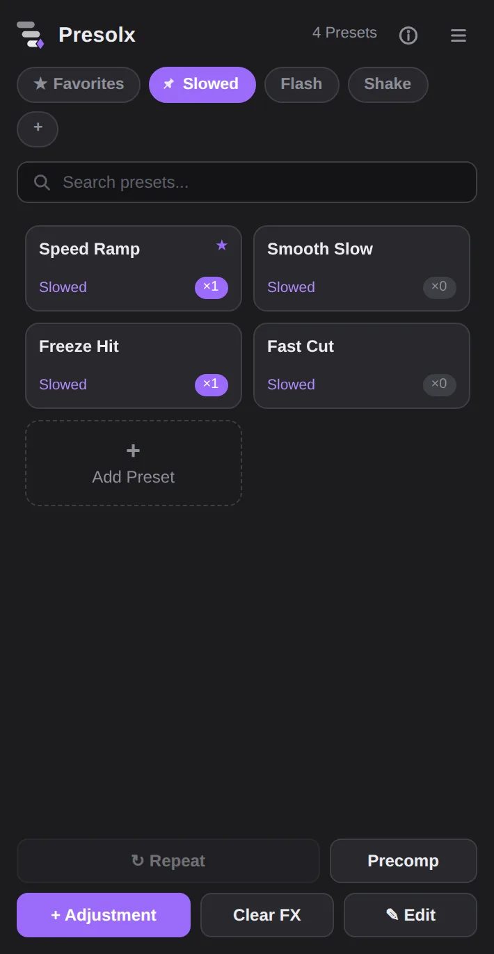 Presolx panel with presets and usage counters