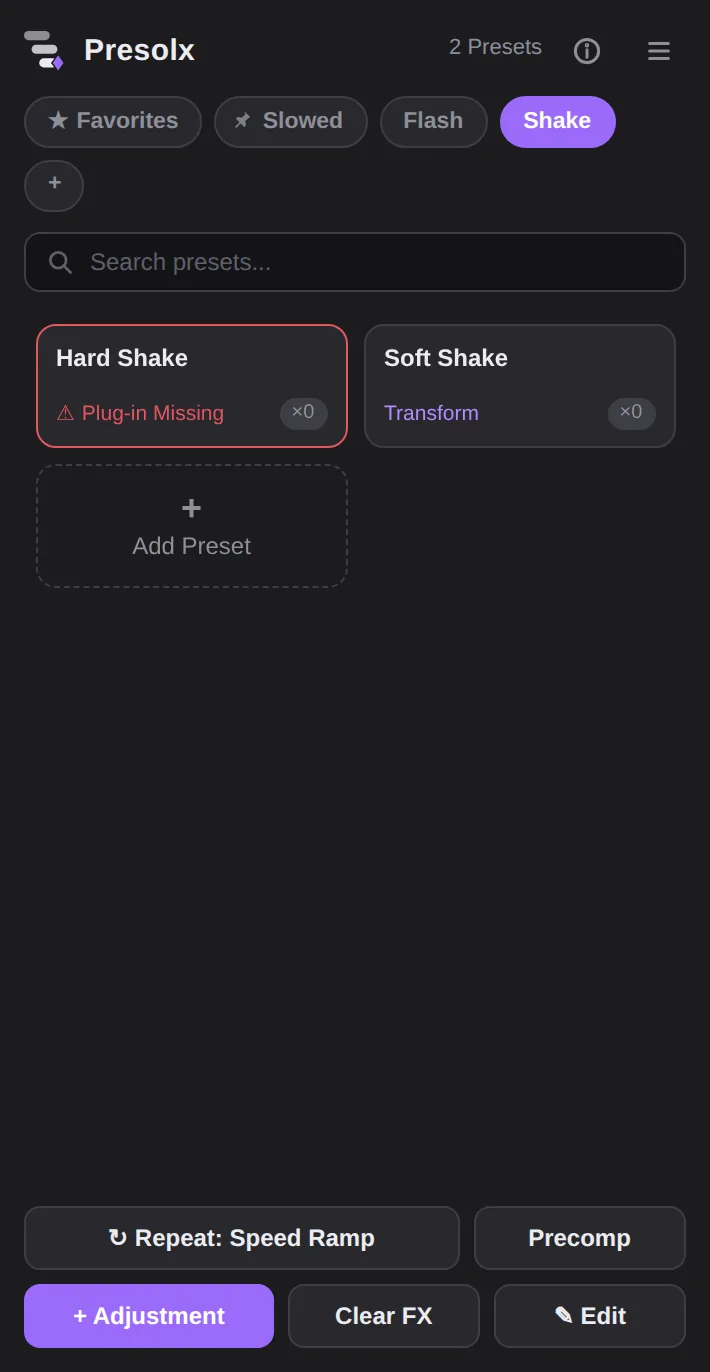 A preset card turns red when its plug-in is missing